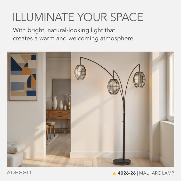 Adesso Maui Arc Floor Lamp with 3 Movable Shades & Adjustable Height- Perfect Lighting for Bedroom, Living Room and Corner Decor, Antique Bronze