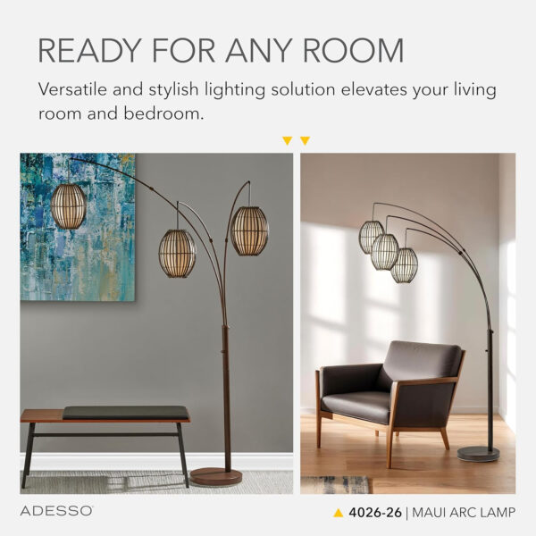 Adesso Maui Arc Floor Lamp with 3 Movable Shades & Adjustable Height- Perfect Lighting for Bedroom, Living Room and Corner Decor, Antique Bronze