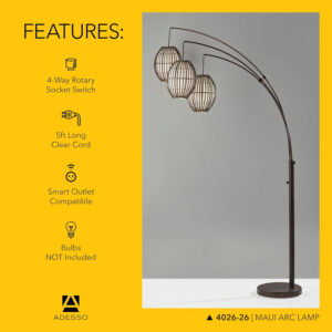 Adesso Maui Arc Floor Lamp with 3 Movable Shades & Adjustable Height- Perfect Lighting for Bedroom, Living Room and Corner Decor, Antique Bronze