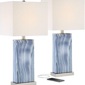 360 Lighting Connie Modern Table Lamps 25" Tall Set of 2 with USB Charging Ports Dimmers Blue Faux Marble White Rectangular Shade for Bedroom Living Room House Desk Bedside Nightstand Office