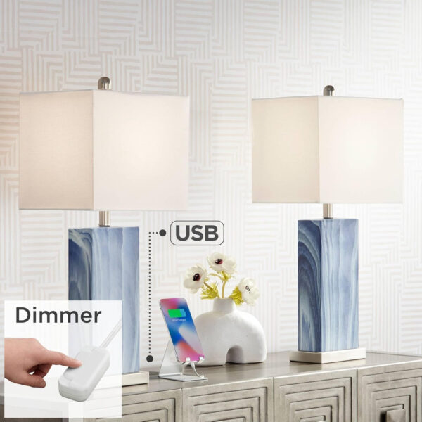 360 Lighting Connie Modern Table Lamps 25" Tall Set of 2 with USB Charging Ports Dimmers Blue Faux Marble White Rectangular Shade for Bedroom Living Room House Desk Bedside Nightstand Office
