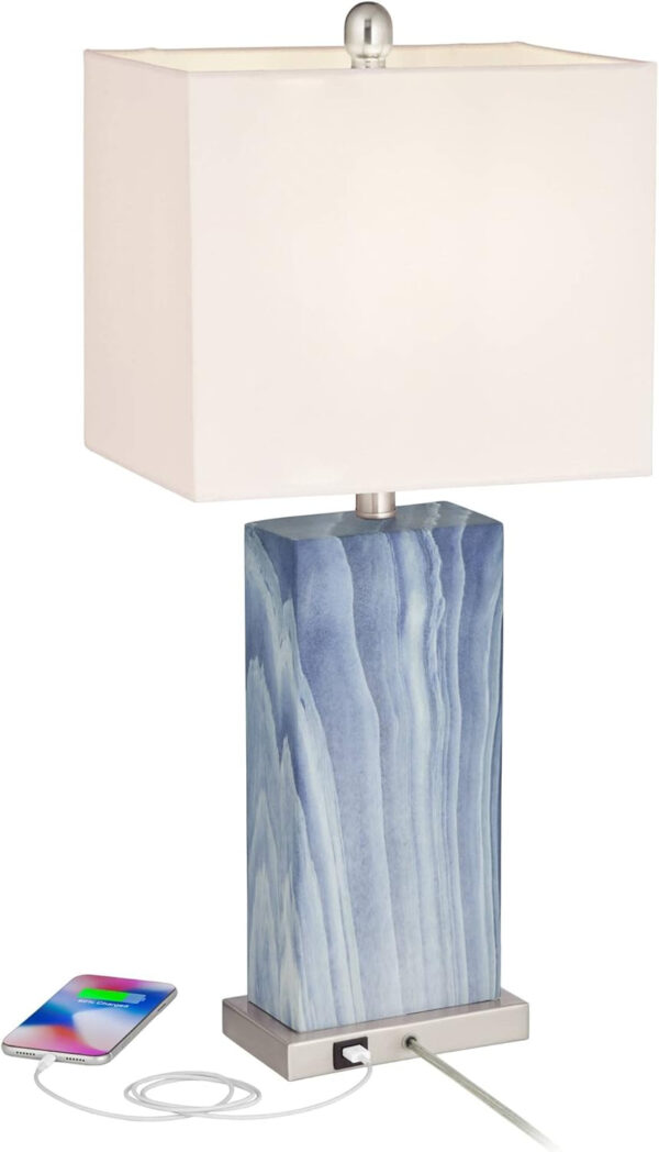 360 Lighting Connie Modern Table Lamps 25" Tall Set of 2 with USB Charging Ports Dimmers Blue Faux Marble White Rectangular Shade for Bedroom Living Room House Desk Bedside Nightstand Office