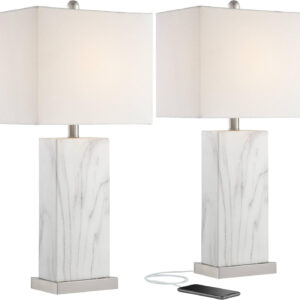 360 Lighting Connie Modern Table Lamps 25" Tall Set of 2 with USB Charging Ports Dimmers Blue Faux Marble White Rectangular Shade for Bedroom Living Room House Desk Bedside Nightstand Office