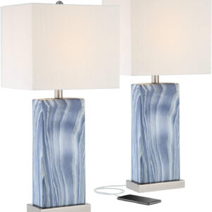 360 Lighting Connie Modern Table Lamps 25" Tall Set of 2 with USB Charging Ports Dimmers Blue Faux Marble White Rectangular Shade for Bedroom Living Room House Desk Bedside Nightstand Office