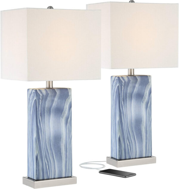 360 Lighting Connie Modern Table Lamps 25" Tall Set of 2 with USB Charging Ports Dimmers Blue Faux Marble White Rectangular Shade for Bedroom Living Room House Desk Bedside Nightstand Office
