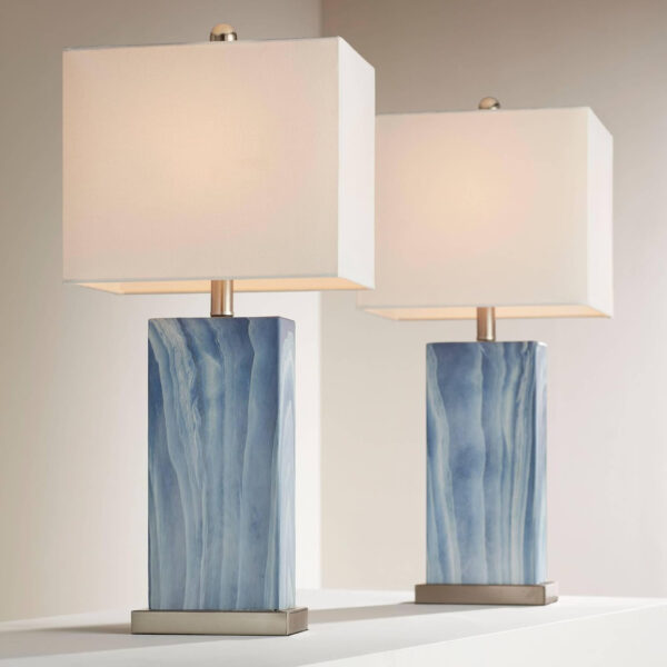360 Lighting Connie Modern Table Lamps 25" Tall Set of 2 with USB Charging Ports Dimmers Blue Faux Marble White Rectangular Shade for Bedroom Living Room House Desk Bedside Nightstand Office