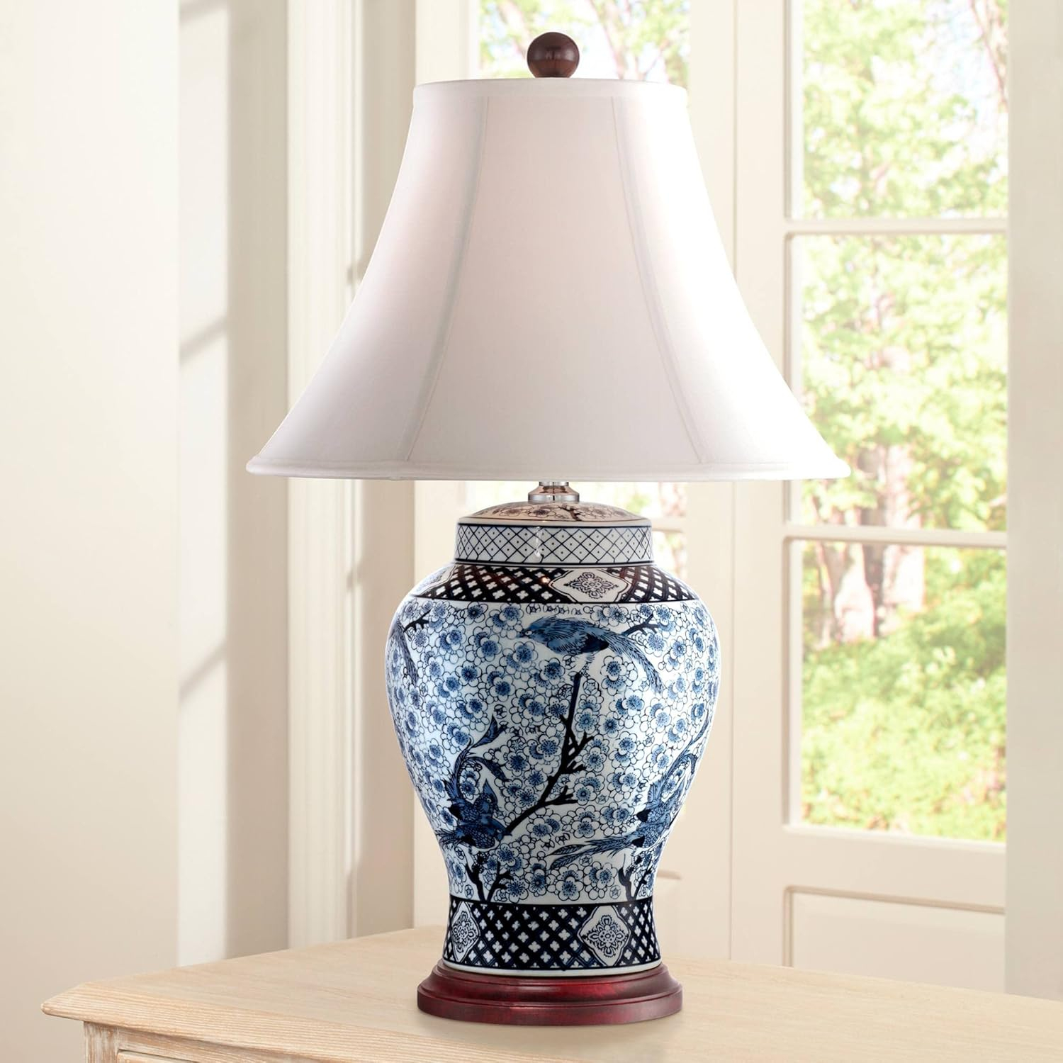 Shonna Asian Chinese Ginger Jar Table Lamp 27" Tall Porcelain Blue White Bird and Branch Bell Shade Decor for Living Room Bedroom House Bedside Nightstand Home Office Entryway - Barnes and Ivy