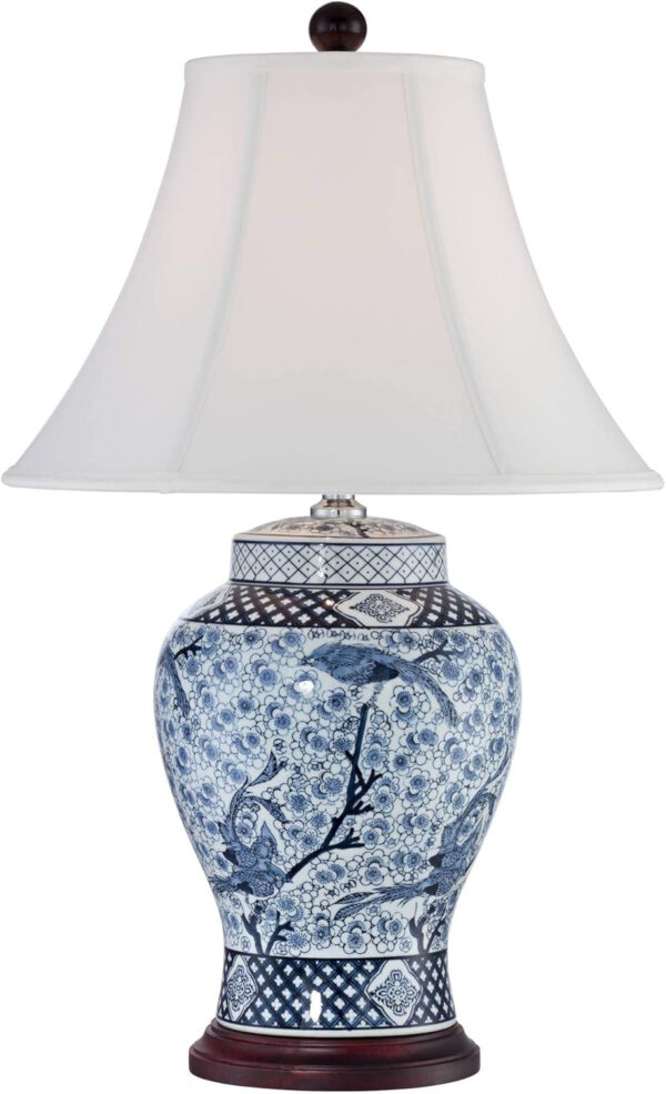Shonna Asian Chinese Ginger Jar Table Lamp 27" Tall Porcelain Blue White Bird and Branch Bell Shade Decor for Living Room Bedroom House Bedside Nightstand Home Office Entryway - Barnes and Ivy