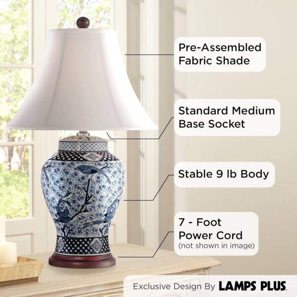 Shonna Asian Chinese Ginger Jar Table Lamp 27" Tall Porcelain Blue White Bird and Branch Bell Shade Decor for Living Room Bedroom House Bedside Nightstand Home Office Entryway - Barnes and Ivy
