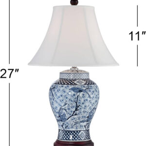 Shonna Asian Chinese Ginger Jar Table Lamp 27" Tall Porcelain Blue White Bird and Branch Bell Shade Decor for Living Room Bedroom House Bedside Nightstand Home Office Entryway - Barnes and Ivy