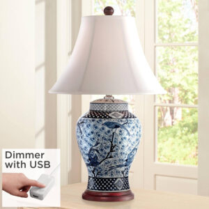 Shonna Asian Chinese Ginger Jar Table Lamp 27" Tall Porcelain Blue White Bird and Branch Bell Shade Decor for Living Room Bedroom House Bedside Nightstand Home Office Entryway - Barnes and Ivy