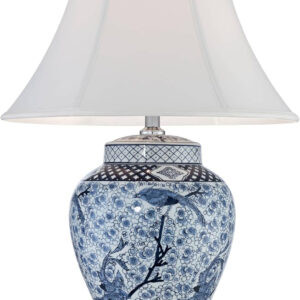 Shonna Asian Chinese Ginger Jar Table Lamp 27" Tall Porcelain Blue White Bird and Branch Bell Shade Decor for Living Room Bedroom House Bedside Nightstand Home Office Entryway - Barnes and Ivy