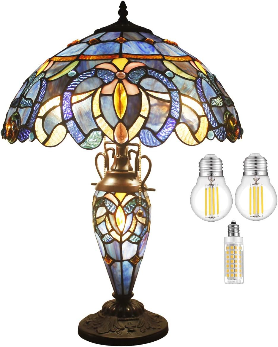 WERFACTORY Tiffany Style Table Lamp Blue Purple Cloudy Stained Glass Mother-Daughter Vase Lamp 16X16X24 Inches Desk Reading Light Decor Bedroom Living Room Home Office S558 Series