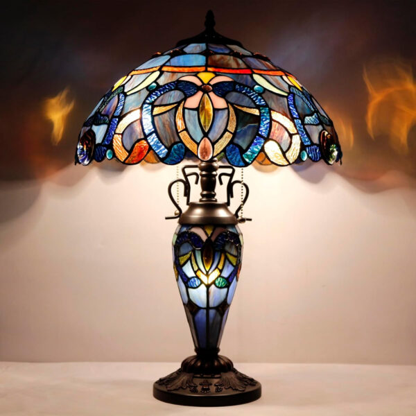 WERFACTORY Tiffany Style Table Lamp Blue Purple Cloudy Stained Glass Mother-Daughter Vase Lamp 16X16X24 Inches Desk Reading Light Decor Bedroom Living Room Home Office S558 Series