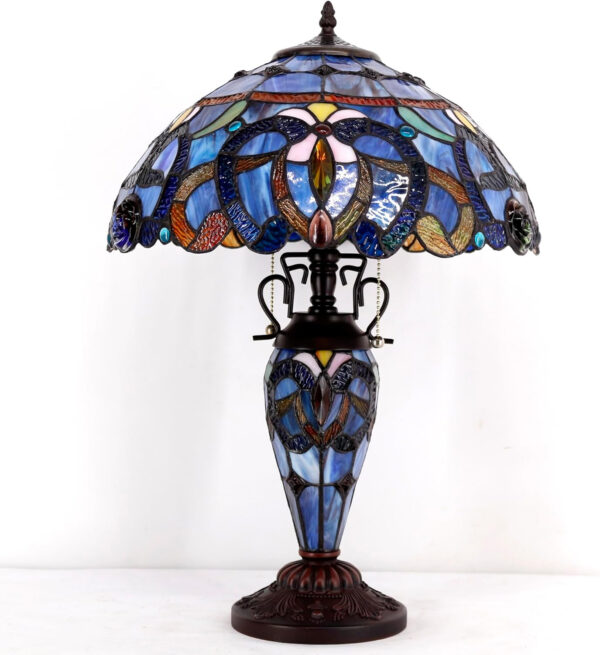 WERFACTORY Tiffany Style Table Lamp Blue Purple Cloudy Stained Glass Mother-Daughter Vase Lamp 16X16X24 Inches Desk Reading Light Decor Bedroom Living Room Home Office S558 Series