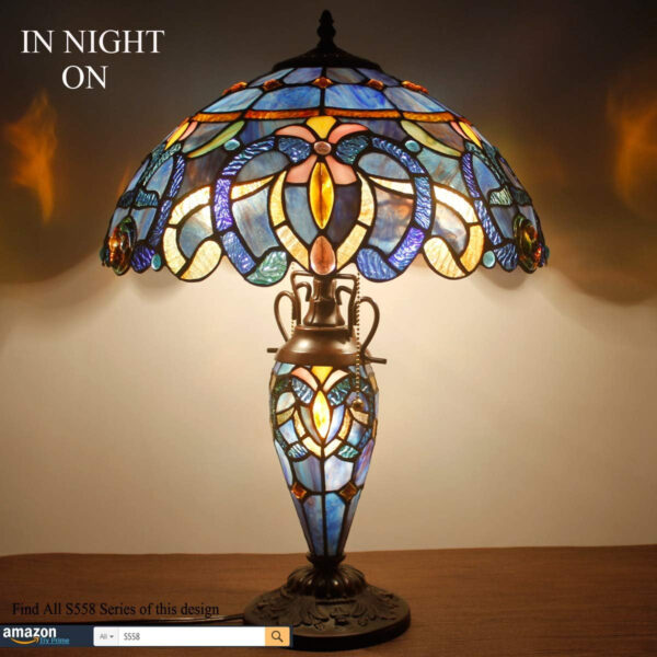 WERFACTORY Tiffany Style Table Lamp Blue Purple Cloudy Stained Glass Mother-Daughter Vase Lamp 16X16X24 Inches Desk Reading Light Decor Bedroom Living Room Home Office S558 Series