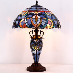 WERFACTORY Tiffany Style Table Lamp Blue Purple Cloudy Stained Glass Mother-Daughter Vase Lamp 16X16X24 Inches Desk Reading Light Decor Bedroom Living Room Home Office S558 Series