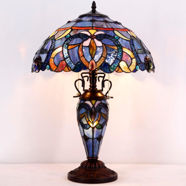 WERFACTORY Tiffany Style Table Lamp Blue Purple Cloudy Stained Glass Mother-Daughter Vase Lamp 16X16X24 Inches Desk Reading Light Decor Bedroom Living Room Home Office S558 Series