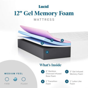 LUCID 12 Inch Memory Foam Mattress - Medium Feel - Memory Foam Infused with Bamboo Charcoal - Gel Infusions - CertiPUR-US Certified - Breathable - Full