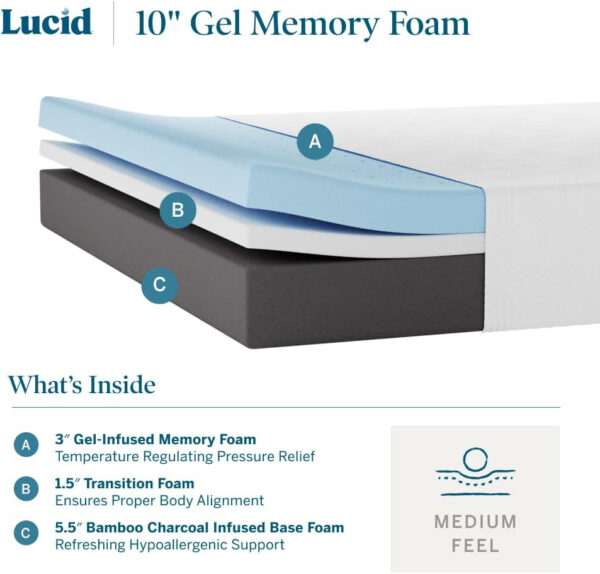 LUCID 12 Inch Memory Foam Mattress - Medium Feel - Memory Foam Infused with Bamboo Charcoal - Gel Infusions - CertiPUR-US Certified - Breathable - Full