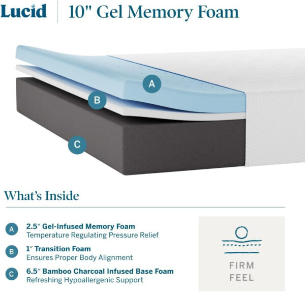 LUCID 12 Inch Memory Foam Mattress - Medium Feel - Memory Foam Infused with Bamboo Charcoal - Gel Infusions - CertiPUR-US Certified - Breathable - Full