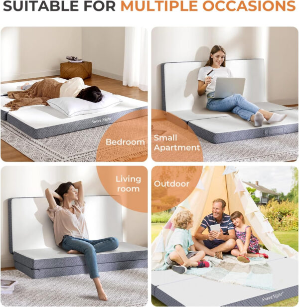 688859ef366ec6dca0775bcf4938840f2f6ef7ac36c75c58eb2d8.jpg Sweetnight Tri Folding Mattress - 4-inch Single Size Foldable Mattress with a Collapsible and Washable Cover | Medium-Firm with Non-Slip Design | Suitable for RV Travel, Camping, Guest