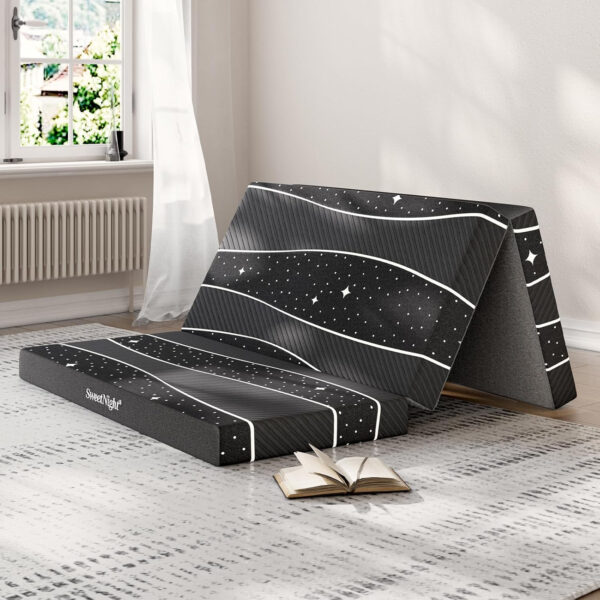 688859fa8174f03d0633e39c4fd131ea397b08b904f9a351a9a14.jpg Sweetnight Tri Folding Mattress - 4-inch Single Size Foldable Mattress with a Collapsible and Washable Cover | Medium-Firm with Non-Slip Design | Suitable for RV Travel, Camping, Guest