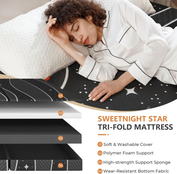 688859ff8aab38eb5ae42b84f97e1c20c307a1dc13af5f8891642.jpg Sweetnight Tri Folding Mattress - 4-inch Single Size Foldable Mattress with a Collapsible and Washable Cover | Medium-Firm with Non-Slip Design | Suitable for RV Travel, Camping, Guest