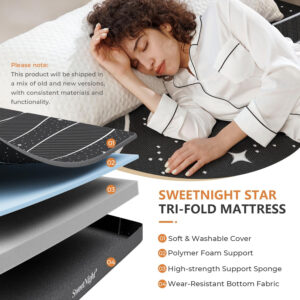 68885a0655b6dd639f9ffce337c9f11b9b463f1e8098a3fa9af0f.jpg Sweetnight Tri Folding Mattress - 4-inch Single Size Foldable Mattress with a Collapsible and Washable Cover | Medium-Firm with Non-Slip Design | Suitable for RV Travel, Camping, Guest