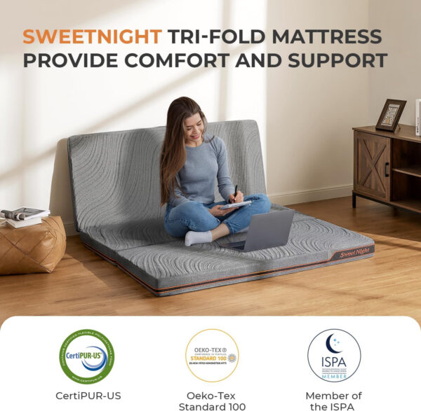 68885a1c69cf6f929b3284138cdb27da1d93bca5ad6e9e67537bd.jpg Sweetnight Tri Folding Mattress - 4-inch Single Size Foldable Mattress with a Collapsible and Washable Cover | Medium-Firm with Non-Slip Design | Suitable for RV Travel, Camping, Guest