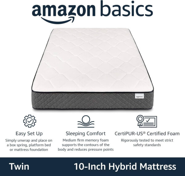68885a7582f894995040cdfd695631e414bedc6e8834b1832f508.jpg Amazon Basics Memory Foam Mattress, Twin Size Mattress, Hybrid, 10-Inch, Medium Feel, Motion Isolation Springs, White/Gray