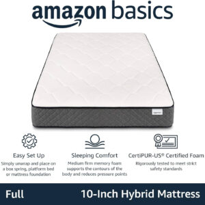 68885a951e1dcf347aab984fe75c3ee7b7bee6351c64c24dfd9e8.jpg Amazon Basics Memory Foam Mattress, Twin Size Mattress, Hybrid, 10-Inch, Medium Feel, Motion Isolation Springs, White/Gray