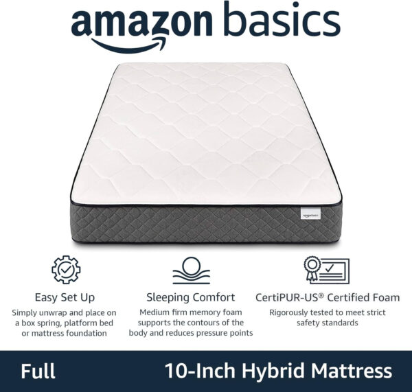 68885a951e1dcf347aab984fe75c3ee7b7bee6351c64c24dfd9e8.jpg Amazon Basics Memory Foam Mattress, Twin Size Mattress, Hybrid, 10-Inch, Medium Feel, Motion Isolation Springs, White/Gray