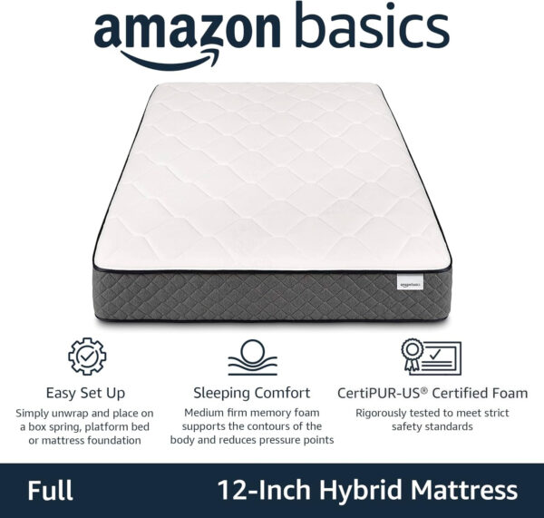 68885ac796459886dadb688d0b0cdd7455dc4dd13babe35f13450.jpg Amazon Basics Memory Foam Mattress, Twin Size Mattress, Hybrid, 10-Inch, Medium Feel, Motion Isolation Springs, White/Gray