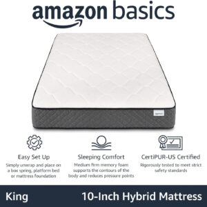 68885aca6e36bfd2a6f6026862a9966c67412f607ac5d1817e774.jpg Amazon Basics Memory Foam Mattress, Twin Size Mattress, Hybrid, 10-Inch, Medium Feel, Motion Isolation Springs, White/Gray