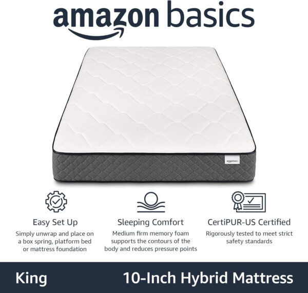 68885aca6e36bfd2a6f6026862a9966c67412f607ac5d1817e774.jpg Amazon Basics Memory Foam Mattress, Twin Size Mattress, Hybrid, 10-Inch, Medium Feel, Motion Isolation Springs, White/Gray