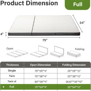Folding Mattress 3in TwinXL Memory Foam Tri-Folding Mattress with Washable Cover Foldable Floor Mat for Guest Bed, Camping, Yoga, RV Travel, White