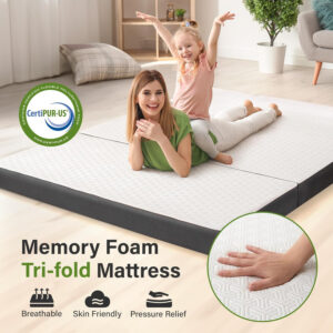 Folding Mattress 3in TwinXL Memory Foam Tri-Folding Mattress with Washable Cover Foldable Floor Mat for Guest Bed, Camping, Yoga, RV Travel, White