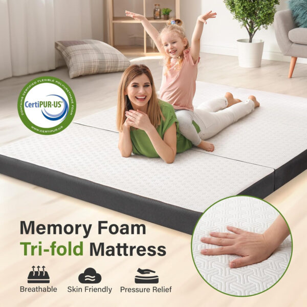 Folding Mattress 3in TwinXL Memory Foam Tri-Folding Mattress with Washable Cover Foldable Floor Mat for Guest Bed, Camping, Yoga, RV Travel, White