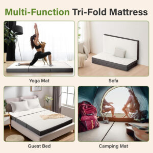 Folding Mattress 3in TwinXL Memory Foam Tri-Folding Mattress with Washable Cover Foldable Floor Mat for Guest Bed, Camping, Yoga, RV Travel, White