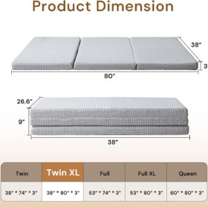 Folding Mattress 3in TwinXL Memory Foam Tri-Folding Mattress with Washable Cover Foldable Floor Mat for Guest Bed, Camping, Yoga, RV Travel, White