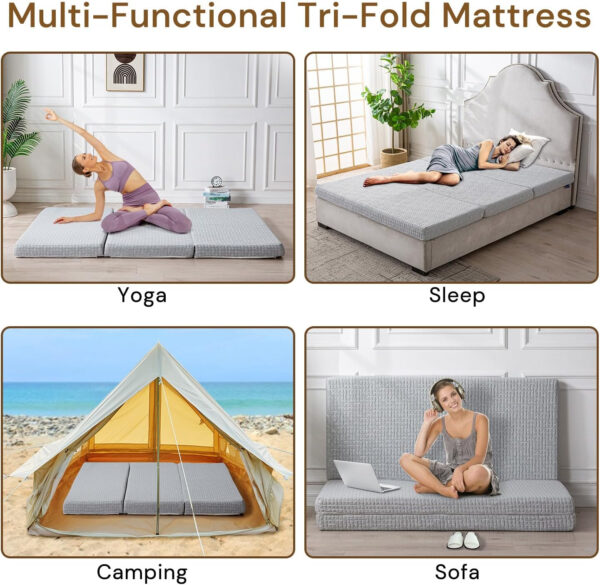 Folding Mattress 3in TwinXL Memory Foam Tri-Folding Mattress with Washable Cover Foldable Floor Mat for Guest Bed, Camping, Yoga, RV Travel, White