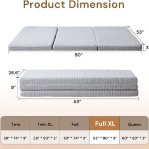 Folding Mattress 3in TwinXL Memory Foam Tri-Folding Mattress with Washable Cover Foldable Floor Mat for Guest Bed, Camping, Yoga, RV Travel, White