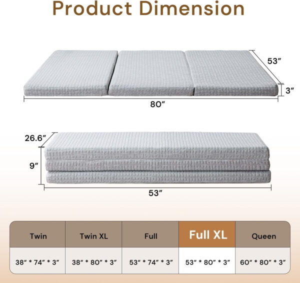 Folding Mattress 3in TwinXL Memory Foam Tri-Folding Mattress with Washable Cover Foldable Floor Mat for Guest Bed, Camping, Yoga, RV Travel, White