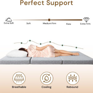 Folding Mattress 3in TwinXL Memory Foam Tri-Folding Mattress with Washable Cover Foldable Floor Mat for Guest Bed, Camping, Yoga, RV Travel, White