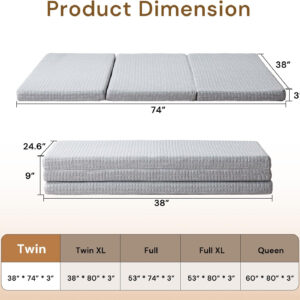 Folding Mattress 3in TwinXL Memory Foam Tri-Folding Mattress with Washable Cover Foldable Floor Mat for Guest Bed, Camping, Yoga, RV Travel, White