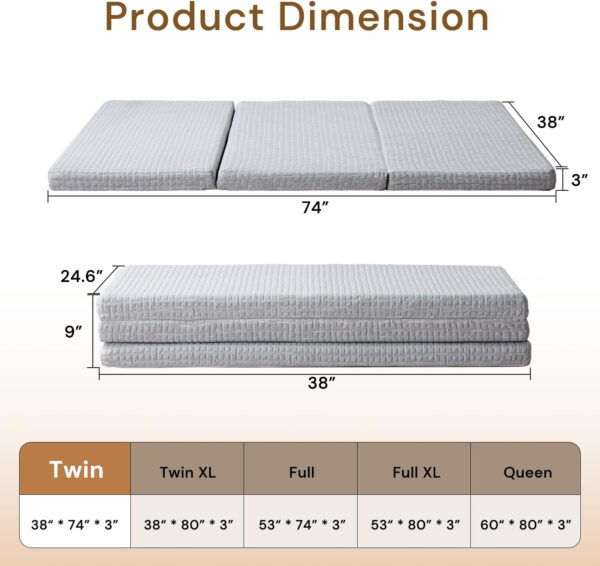 Folding Mattress 3in TwinXL Memory Foam Tri-Folding Mattress with Washable Cover Foldable Floor Mat for Guest Bed, Camping, Yoga, RV Travel, White