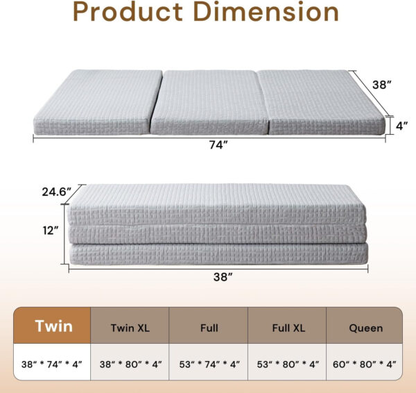 Folding Mattress 3in TwinXL Memory Foam Tri-Folding Mattress with Washable Cover Foldable Floor Mat for Guest Bed, Camping, Yoga, RV Travel, White