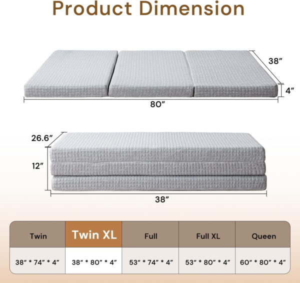 Folding Mattress 3in TwinXL Memory Foam Tri-Folding Mattress with Washable Cover Foldable Floor Mat for Guest Bed, Camping, Yoga, RV Travel, White