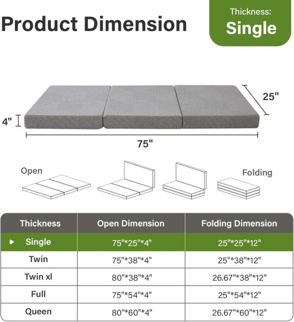 Folding Mattress 3in TwinXL Memory Foam Tri-Folding Mattress with Washable Cover Foldable Floor Mat for Guest Bed, Camping, Yoga, RV Travel, White